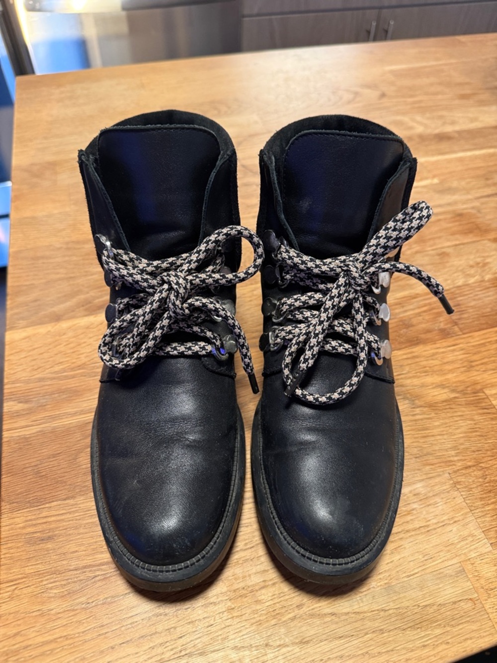 Aquatalia Black Leather Combat Boots with Black & White Houndstooth Laces